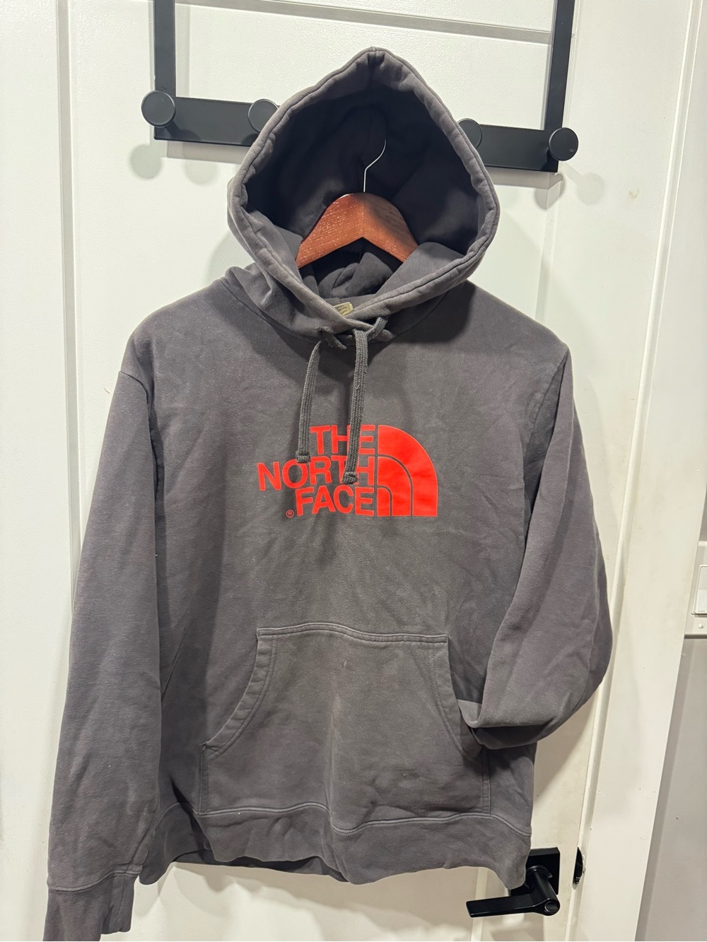 The North Face Men's Charcoal Gray Hoodie with Red Logo (L)